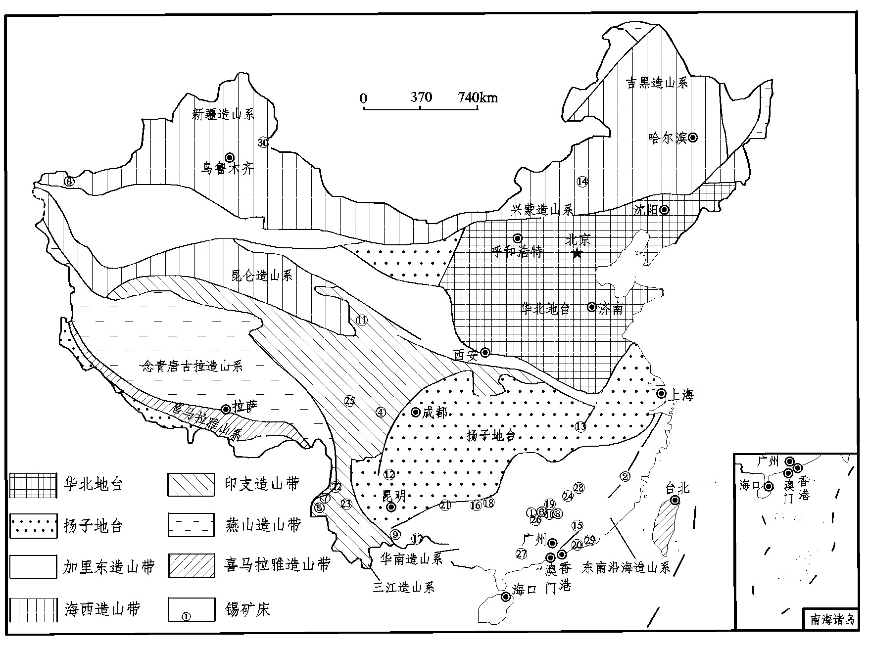 入选锡矿分布略图(据赵一鸣等,2004)